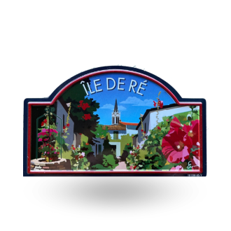 Magnet Plaque rue Clocher et roses trémières