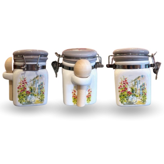 Flower of salt pot with wooden spoon