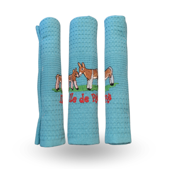 Torchon brodé âne turquoise ombre