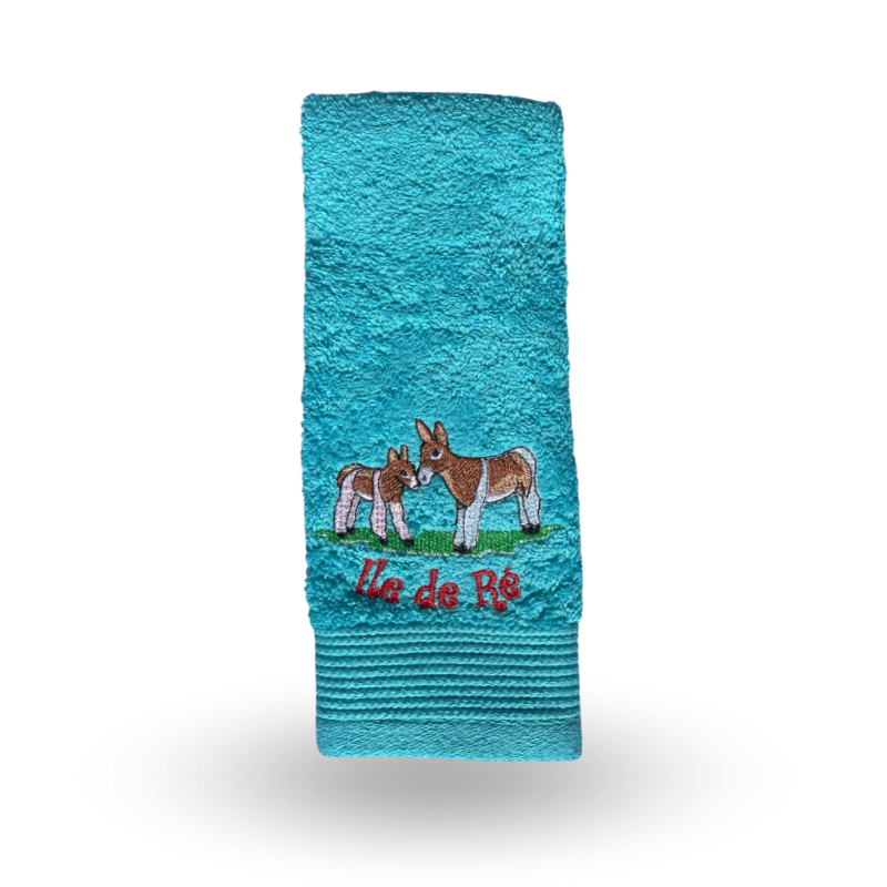 Embroidered hand towel turquoise donkey