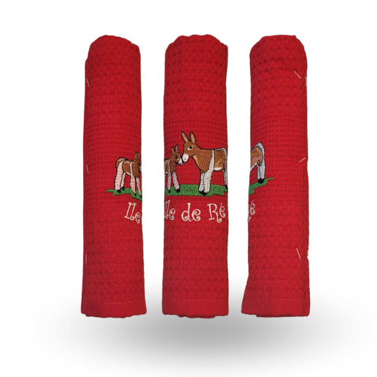 Embroidered tea towel red donkey