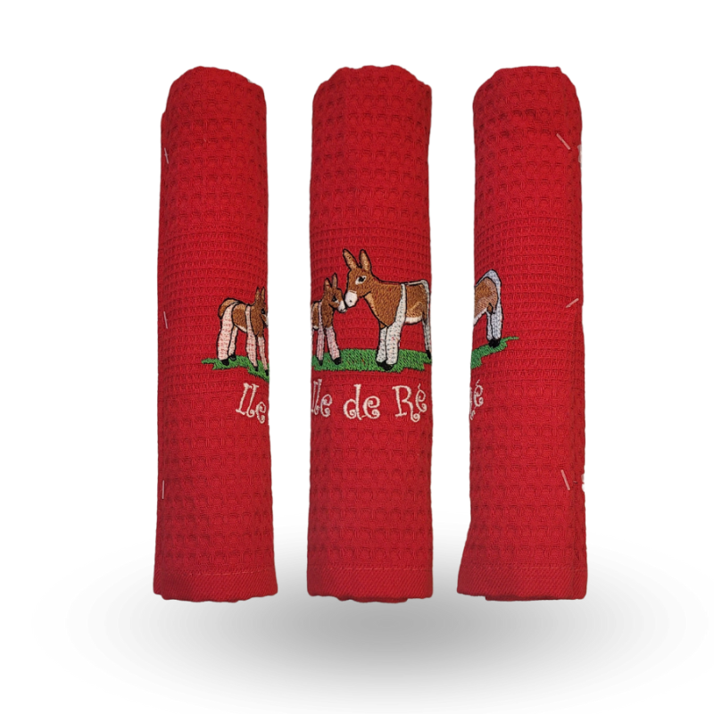 Embroidered tea towel red donkey