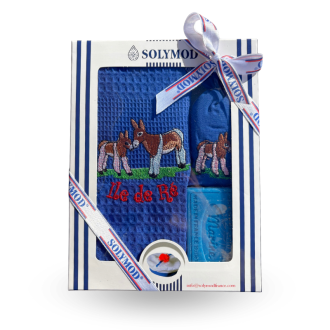 Coffret souvenir Île de Ré torchon âne bleu marine