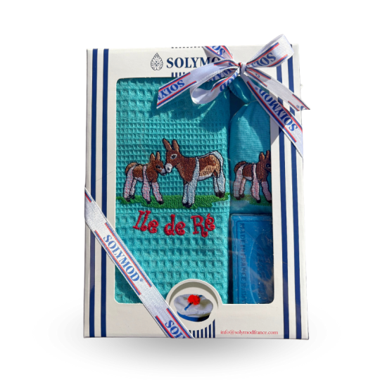 Coffret souvenir Île de Ré - Âne brodé bleu turquoise