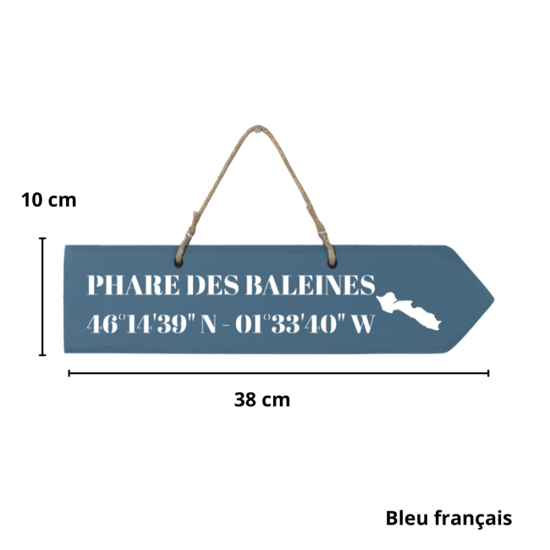 Pancarte en bois - Phare des Baleines flèche droite bleu français