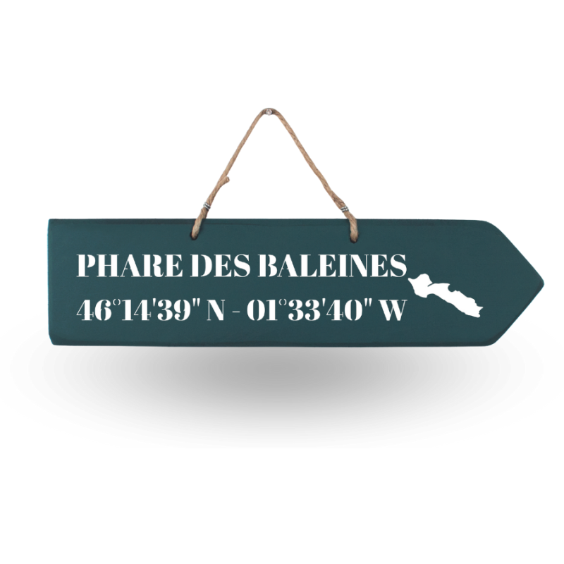 Pancarte en bois - Phare des Baleines flèche droite bleu canard