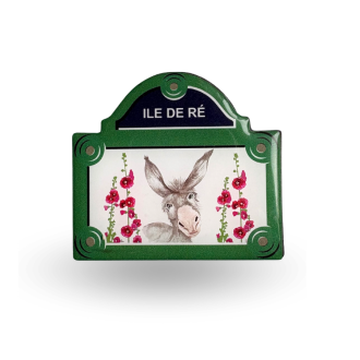 Magnet plaque de rue - L'âne de l'Île de Ré et ses roses trémières