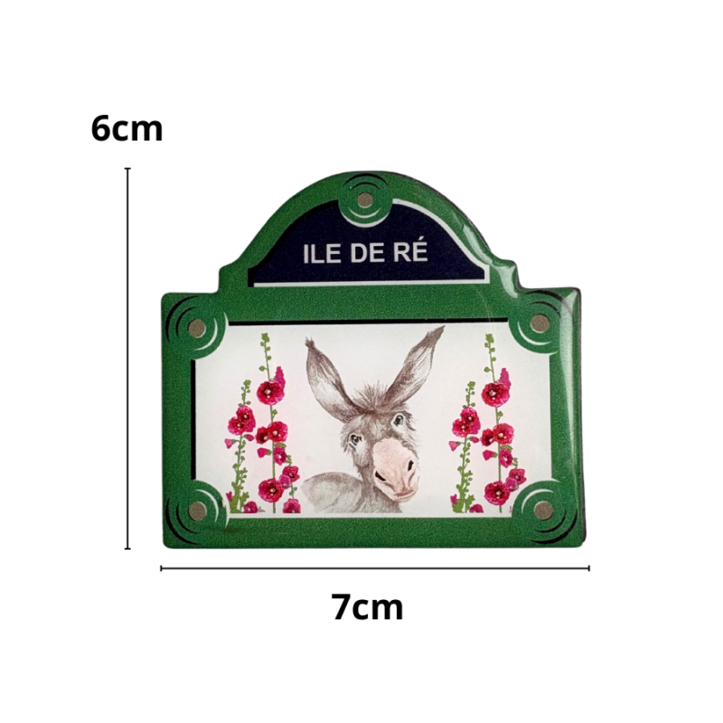 Magnet plaque de rue - L'âne de l'Île de Ré et ses roses trémières