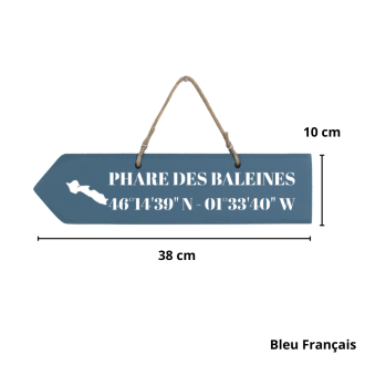 Pancarte en bois flèche gauche Phare des Baleines bleu français