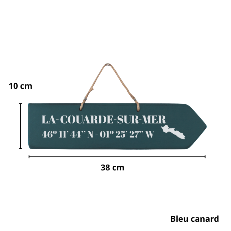 Pancarte en bois - La Couarde sur Mer flèche droite bleu canard