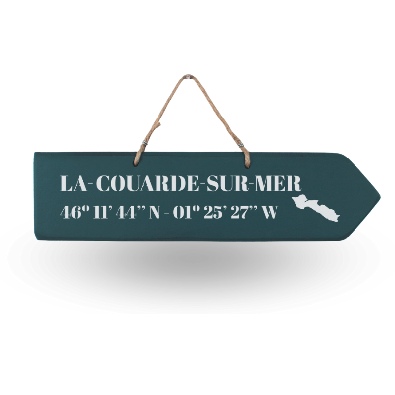 Pancarte en bois - La Couarde sur Mer flèche droite bleu canard
