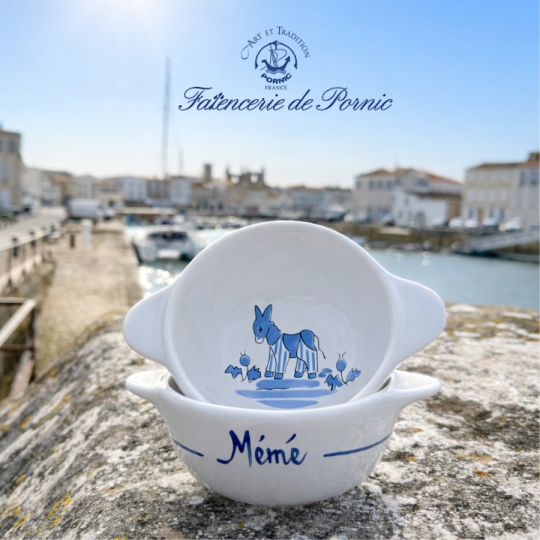 Personalised hand-painted bowl with name - The donkey in blue trousers from Île de Ré