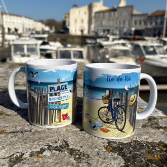 Île de Ré mug - Seaside souvenir mug with bicycle and beach illustrations