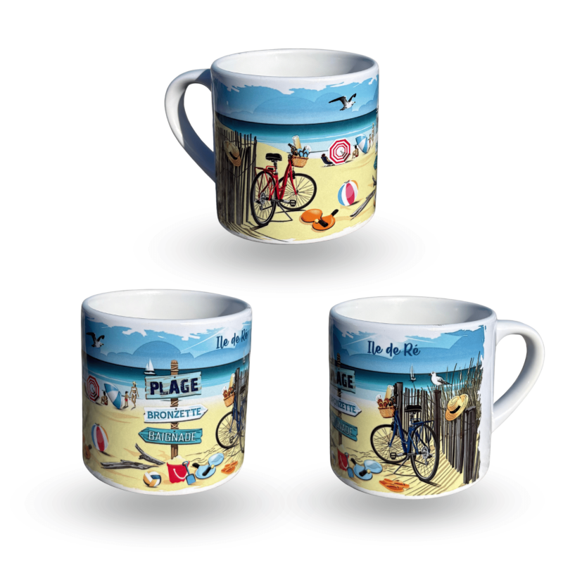 Tasse expresso de l'Île de Ré - Tasse souvenir bord de mer avec illustrations vélo et plage