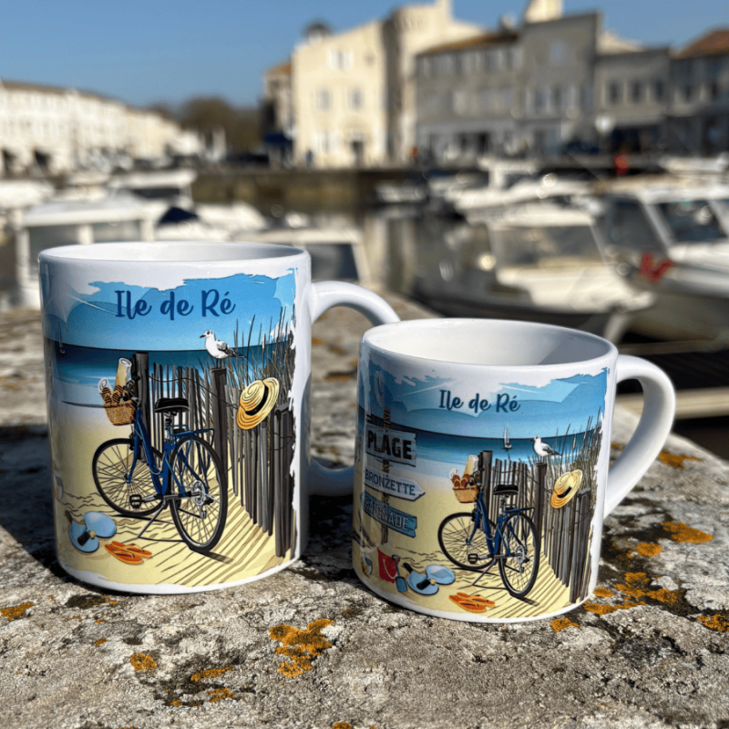 Tasse expresso de l'Île de Ré - Tasse souvenir bord de mer avec illustrations vélo et plage
