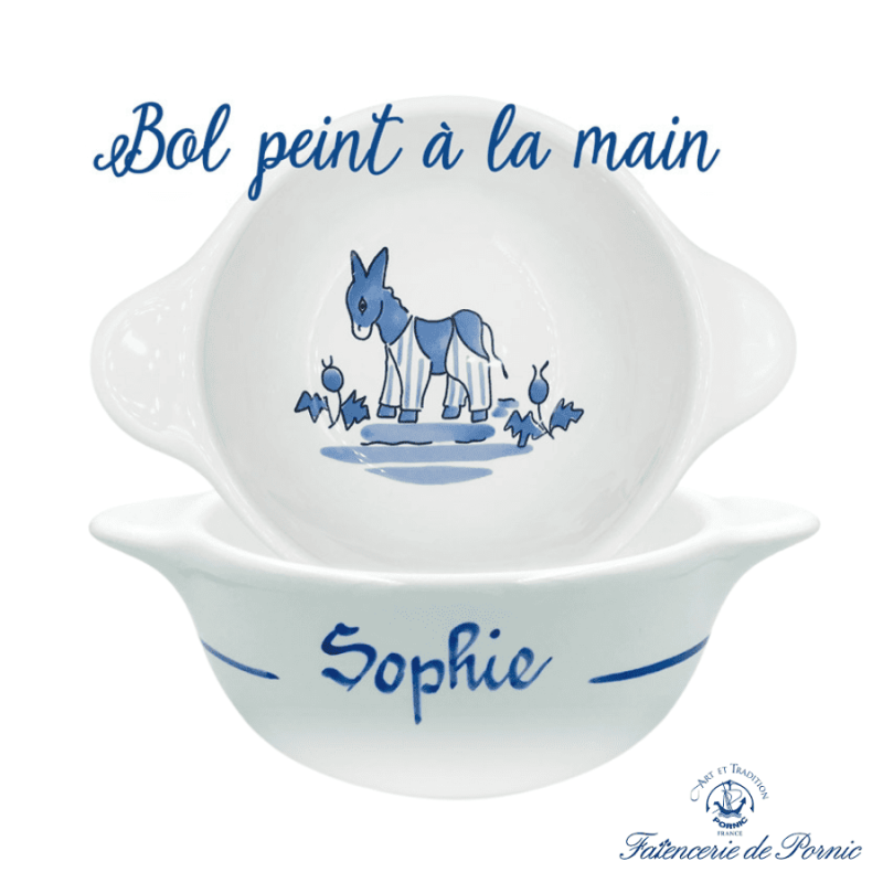 Personalised hand-painted bowl with name - The donkey in blue trousers from Île de Ré