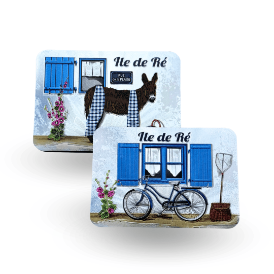 Double-sided glossy magnet – The donkey and the narrow streets of Île de Ré
