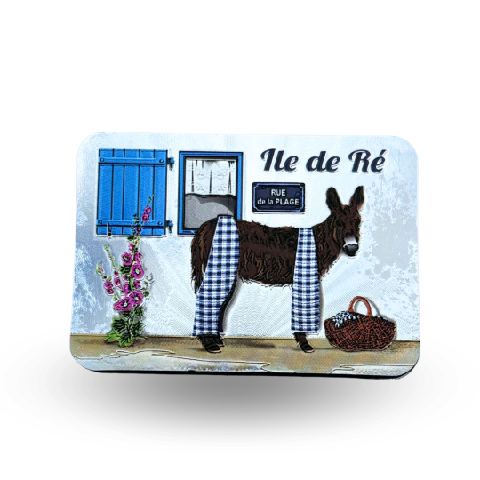 Double-sided glossy magnet – The donkey and the narrow streets of Île de Ré