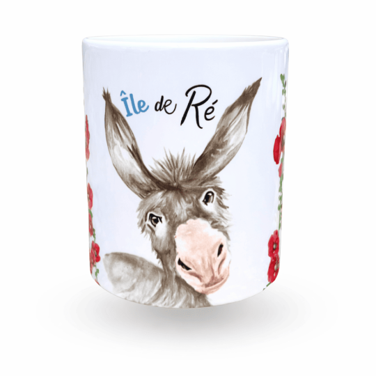 Mug Île de Ré avec âne – Tasse souvenir décor roses trémières de l'Île de Ré