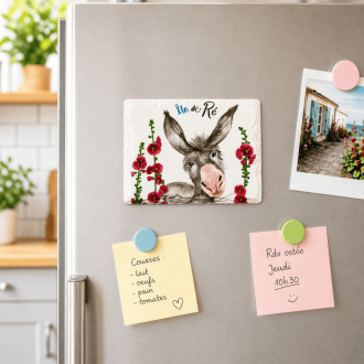 Magnet céramique - L'âne de l'Île de Ré et ses roses trémières