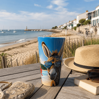Illustrated Île de Ré latte mug – Reflection of the Île de Ré bridge in the donkey’s glasses