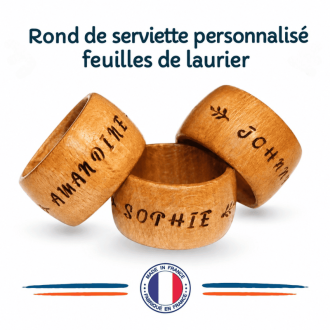 Rond de serviette de table en bois motifs fleurs de laurier  - personnalisé prénom ou surnom