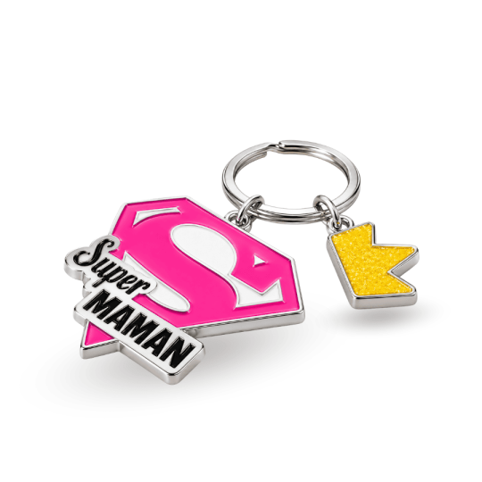 Porte clés Super Maman rose - Couronne jaune pailletée