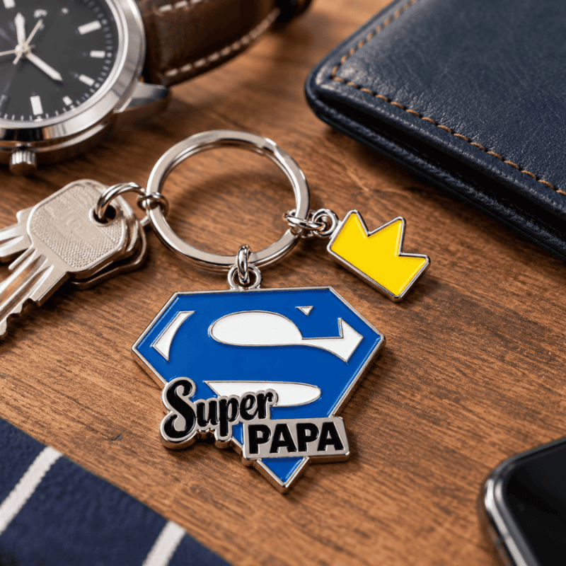 Porte clés Super Papa bleu - Couronne jaune