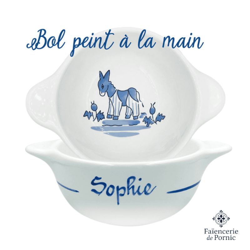 Bol personnalisé prénom peint à la main - L'âne en culotte bleu de l'Île de Ré - Faïencerie de Pornic